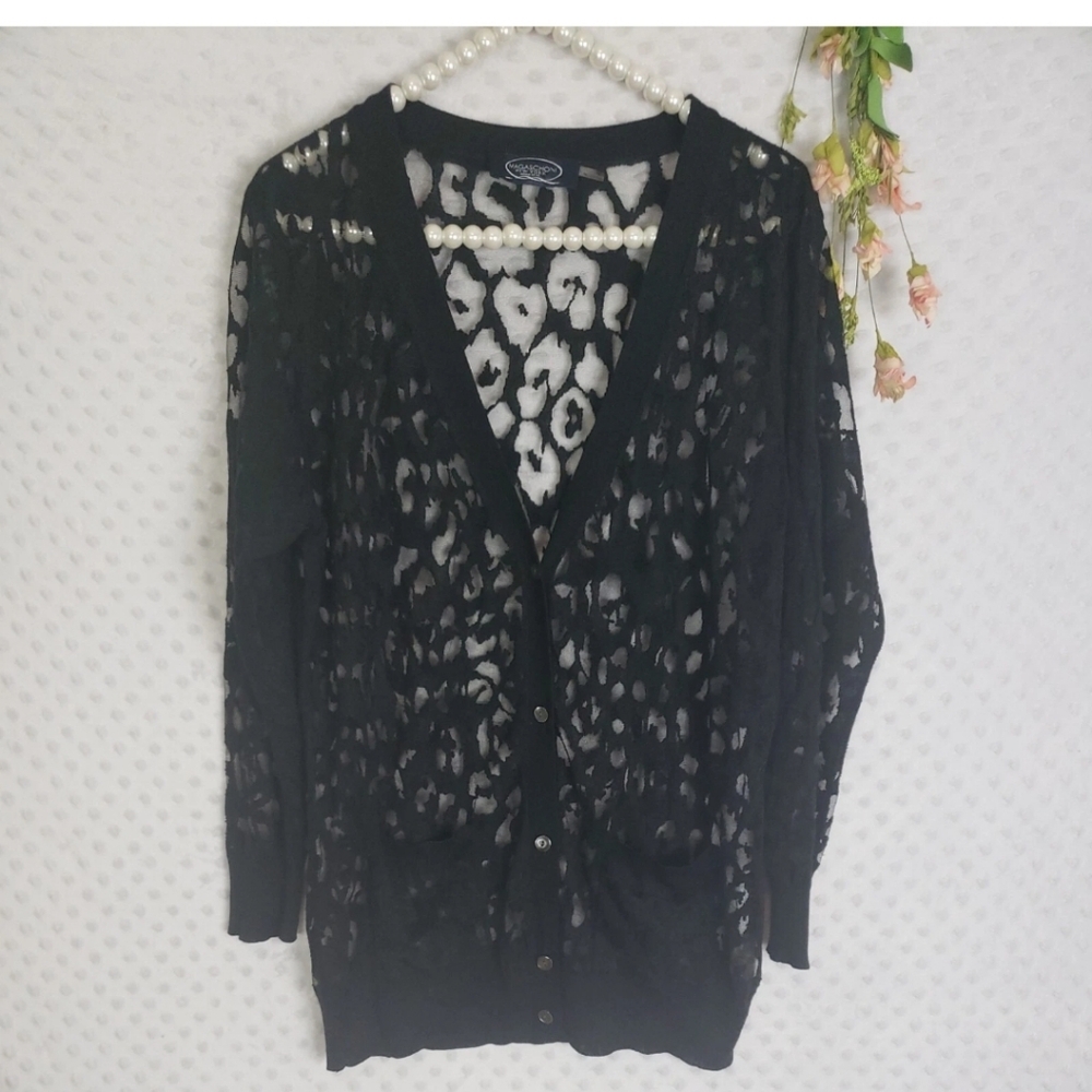 Magaschoni Black Sheer Leopard Burn Out Cardigan Silk Cashmere Size Large - Picture 3 of 6